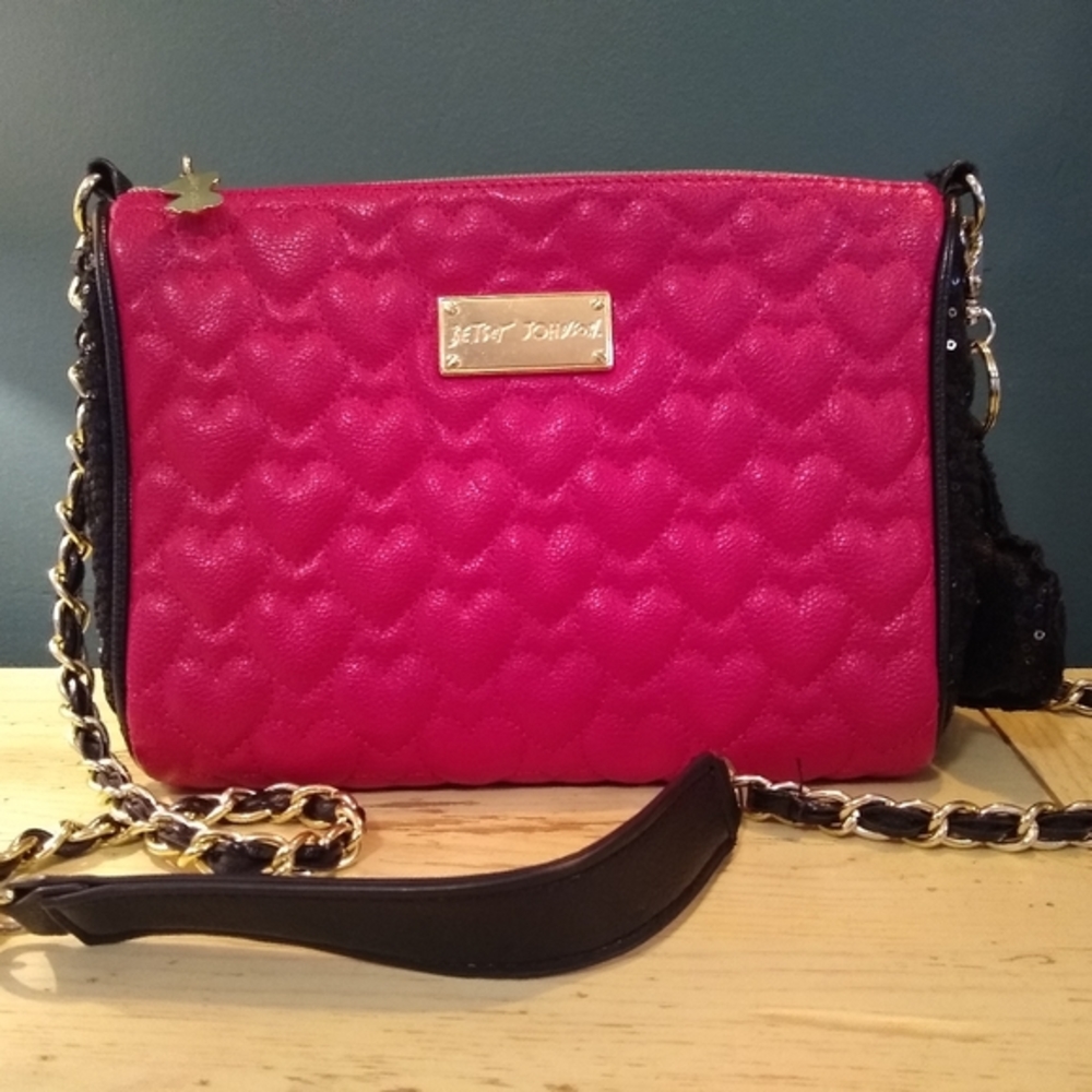 Betsey Johnson shoulder bag. Pink and black with gold hardware.